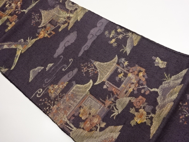 JAPANESE NAGOYA OBI / TSUMUGI / WOVEN SCENERY OF TEMPLE